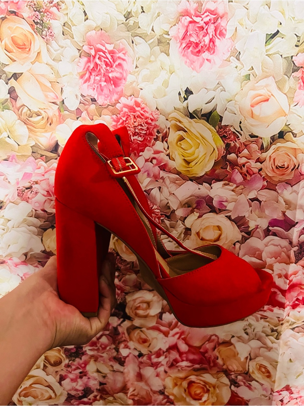 Red Suede Platform Ankle-Strap Heels